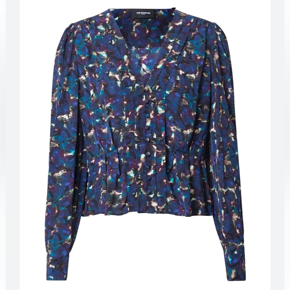 🌟THE KOOPLES🌟FLORAL V NECK FLOWLY PEPLUM PLEATED BLOUSE BLUE SZ 1 OR S